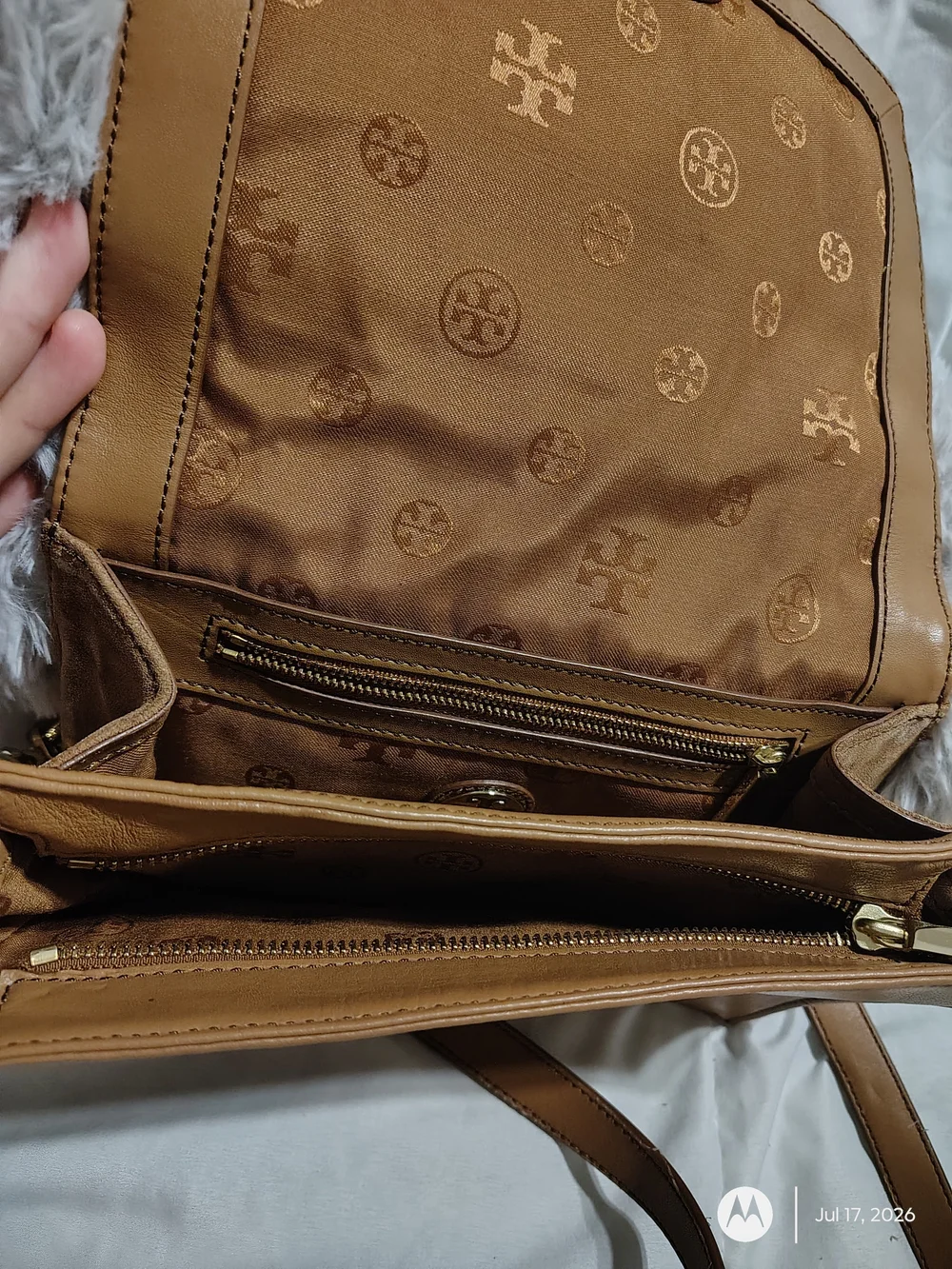 Tory Burch Two-Tone Tan Leather Suede Logo Crossbody